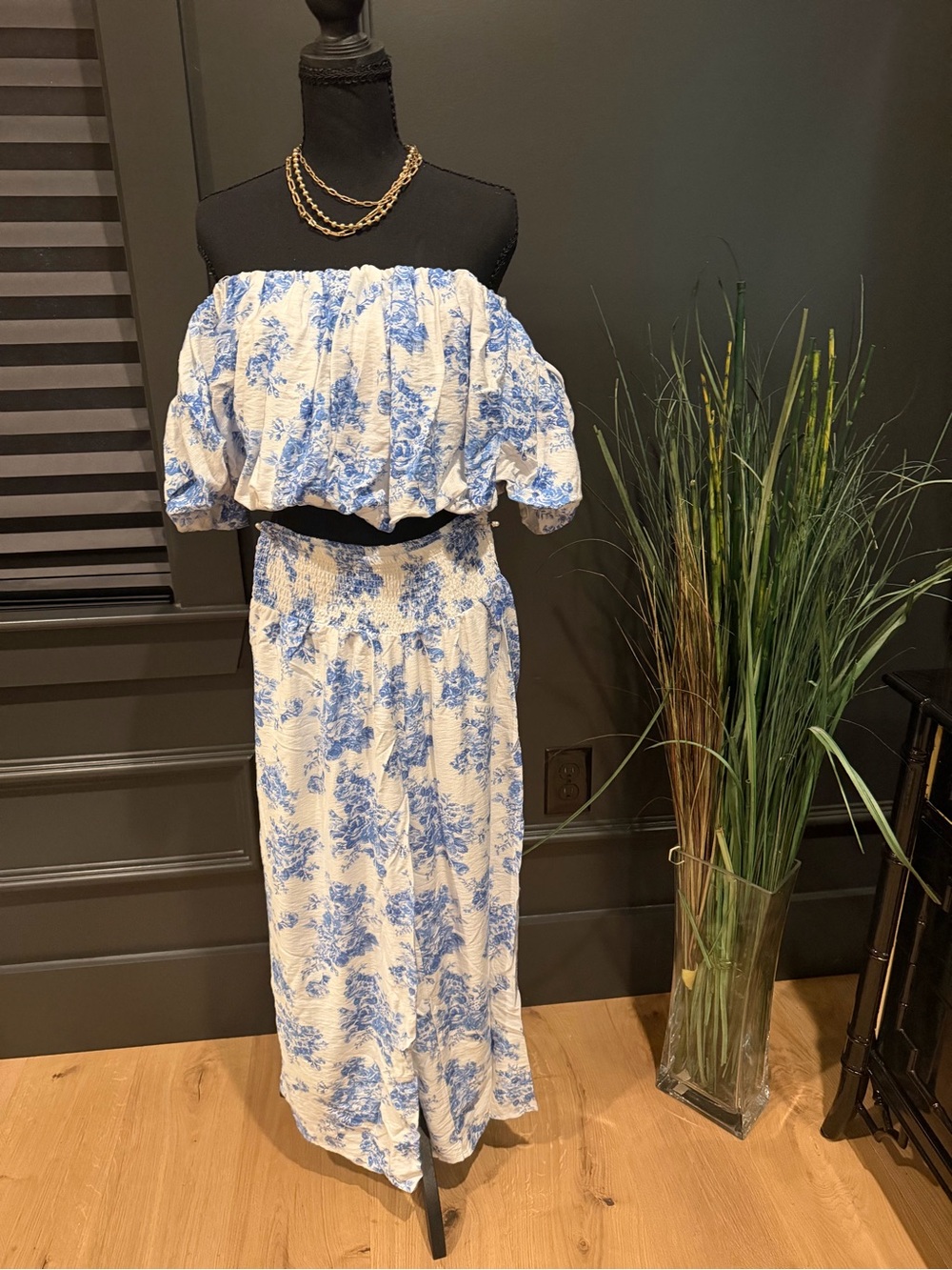 Off-Shoulder Blue & White Floral Two-Piece Dress